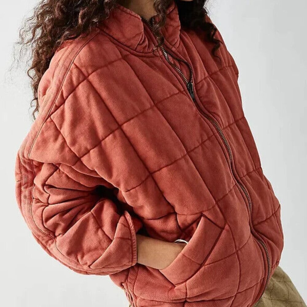 Free People Dolman Quilted Knit Jacket Oversized Front Zip Myrrh L